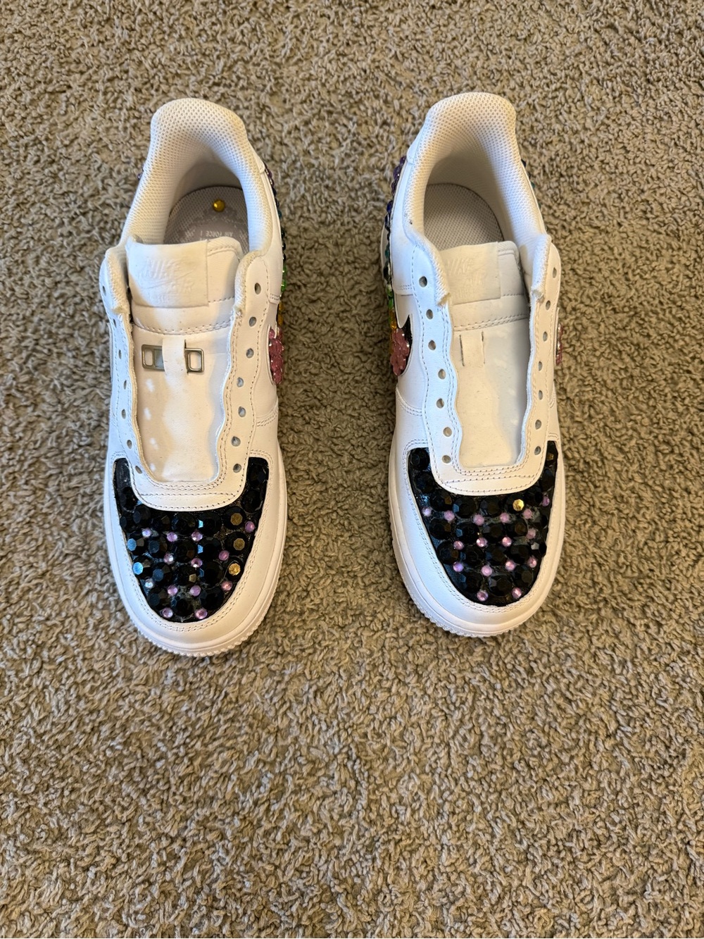 Nike White Air Force with Custom Black Sequin Toe and Multicolor Studs